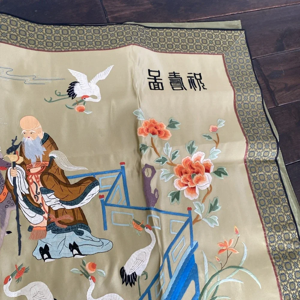 Vtg. Beijing Chinese Hand Embroidery Silk Floral Bird Tapestry Wall Art 43x25